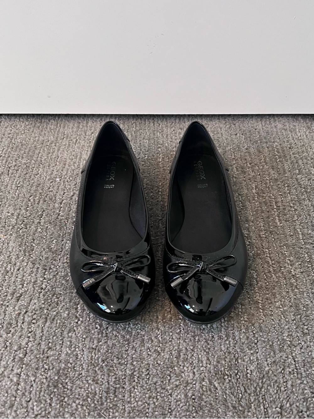 Geox Black Patent Ballet Flats with Bow Accent